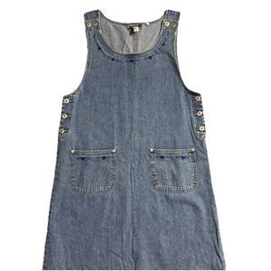 Vtg J.L.N.Y. Sport Denim Jumper Dress L Sleeveless Floral Embroidered Neck